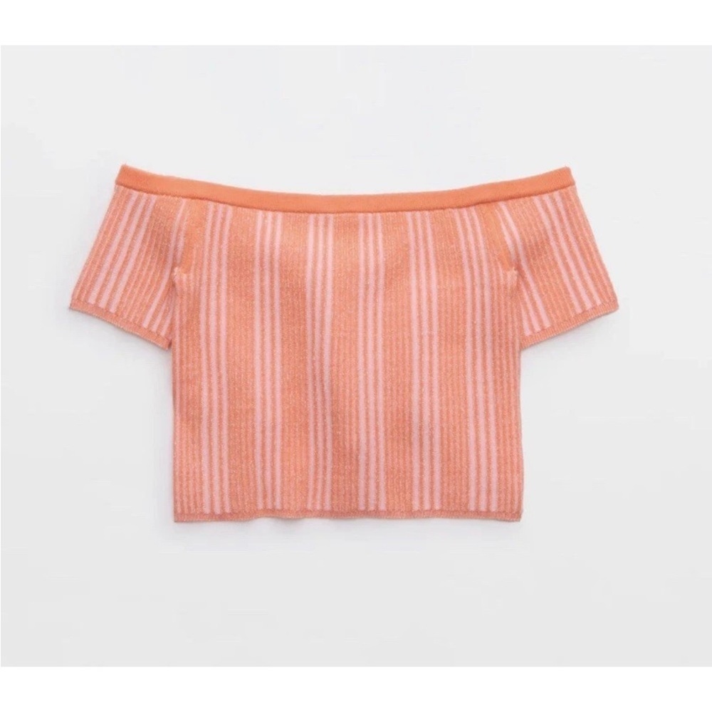 Aerie Peach Striped Off-Shoulder Crop Top - Picture 6 of 11
